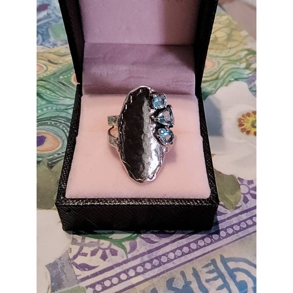 NWOT~PAZ CREATIONS 925 Sterling Handcrafted Oblong Oval Triple Blue Topaz Ring 8